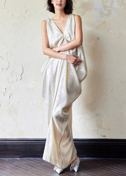 Neuartiges Kleid, ärmellos, Maxi-Ausschnitt, Taschen, knitterige Baumwolle, V