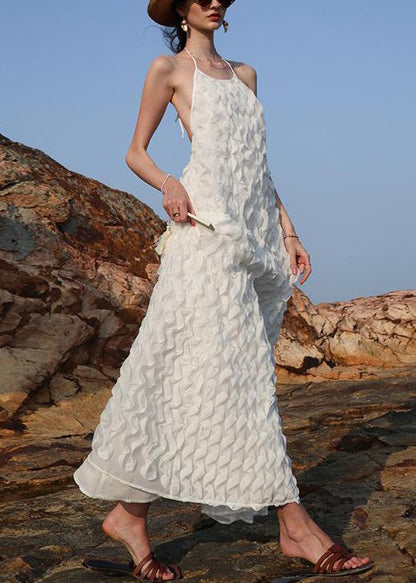 Robe longue en mousseline de soie blanche fantaisie dos nu à lacets sans manches XX033