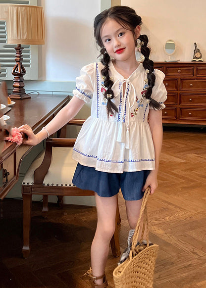 Ensemble chemise et short deux pièces pour enfants avec broderie patchwork en dentelle blanche et cravate pour l'été SS1031