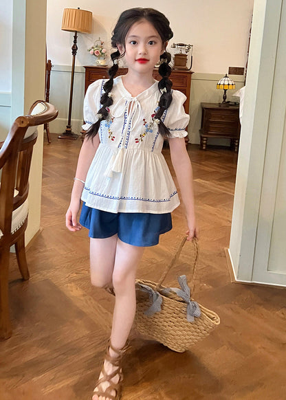 Ensemble chemise et short deux pièces pour enfants avec broderie patchwork en dentelle blanche et cravate pour l'été SS1031