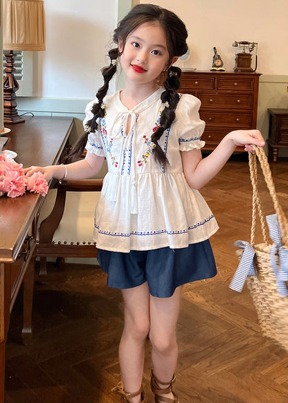 Ensemble chemise et short deux pièces pour enfants avec broderie patchwork en dentelle blanche et cravate pour l'été SS1031