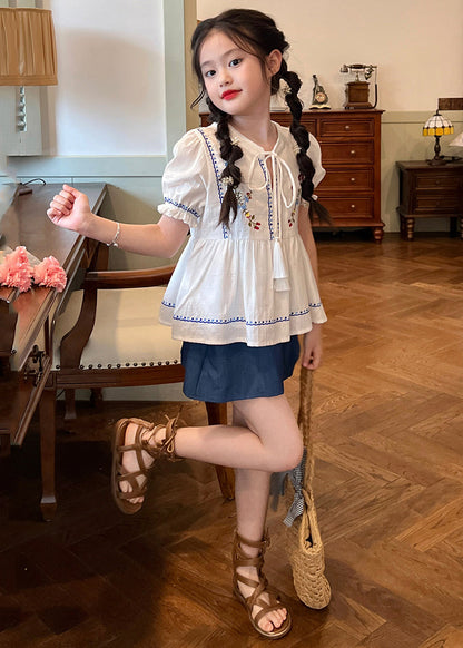 Ensemble chemise et short deux pièces pour enfants avec broderie patchwork en dentelle blanche et cravate pour l'été SS1031