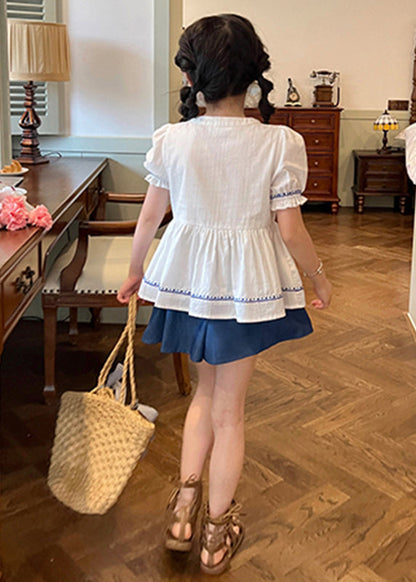 Ensemble chemise et short deux pièces pour enfants avec broderie patchwork en dentelle blanche et cravate pour l'été SS1031