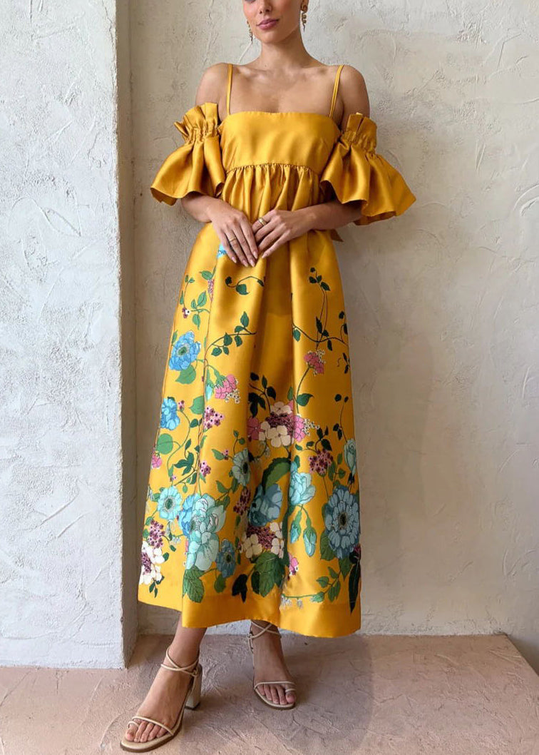 Novelty Yellow Print Pockets Cotton Spaghetti Strap Dress Flare Sleeve FF096