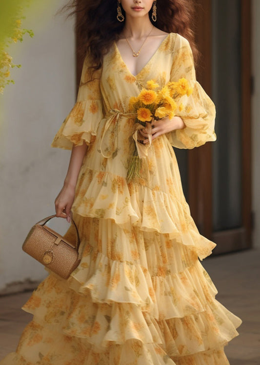 Novelty Yellow Ruffled Print Tie Waist Chiffon Dresses Summer KJ025