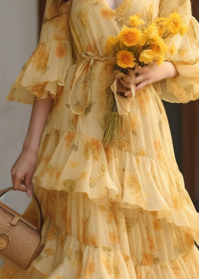 Novelty Yellow Ruffled Print Tie Waist Chiffon Dresses Summer KJ025