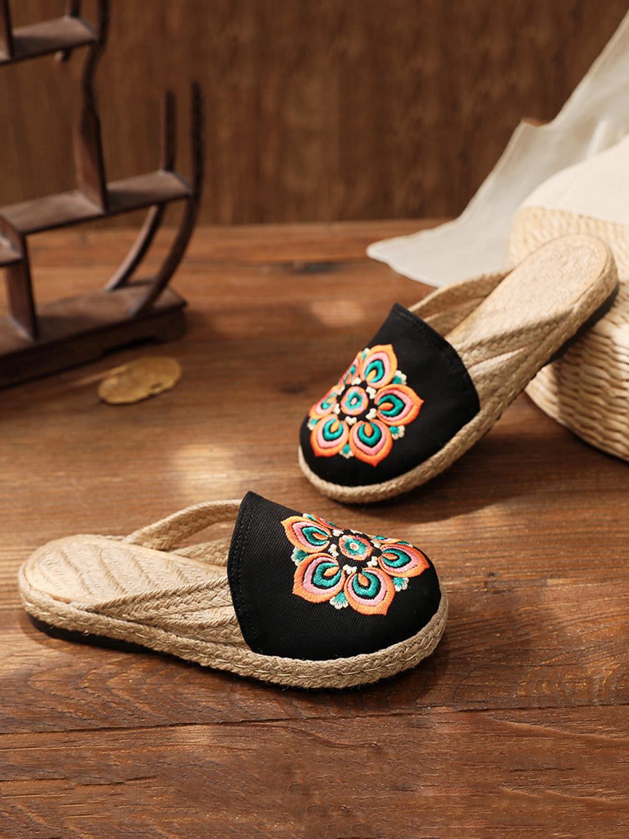 Women Summer Ethnic Flower Embroidert Straw Slippers II1017