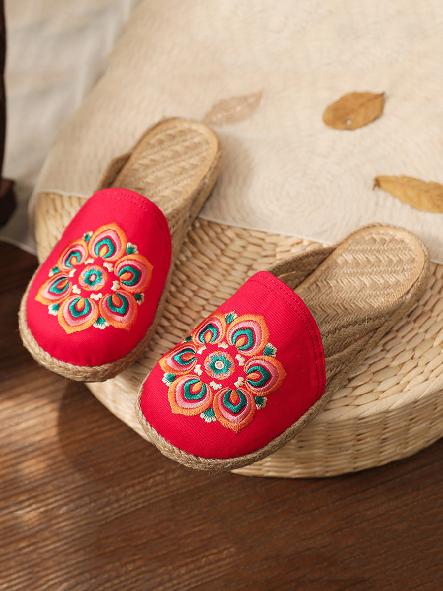 Women Summer Ethnic Flower Embroidert Straw Slippers II1017