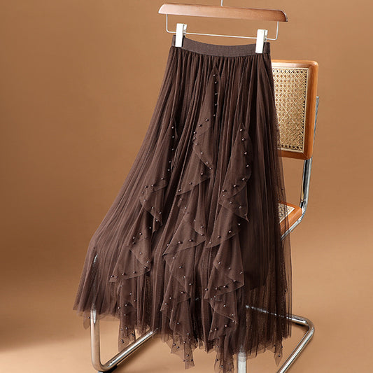 Classy Brown Ruffled Stereoscopic Floral Tulle Skirt Spring YU1063