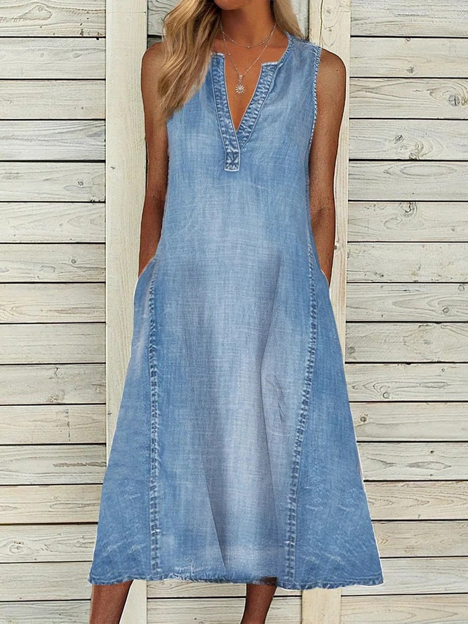 Plain V Neck Casual Denim Dress AH523