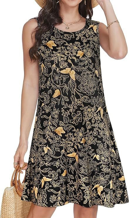 Vacation Plants Floral Loose V Neck Midi Sleeveless Dress EE37