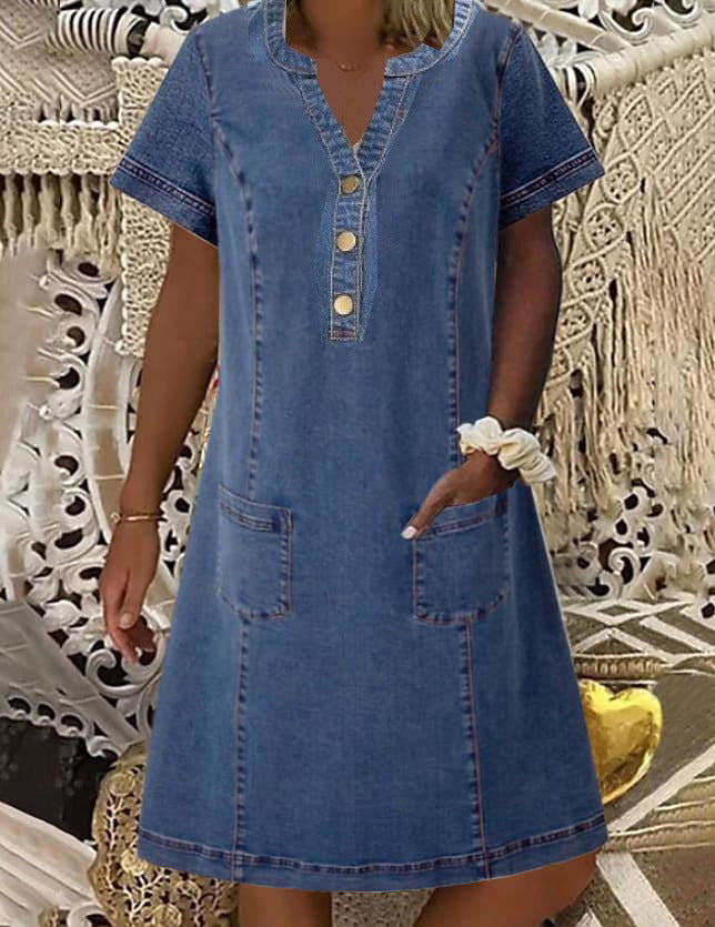 Buttoned Denim Blue V Neck Casual Loose Plain Dress AH204