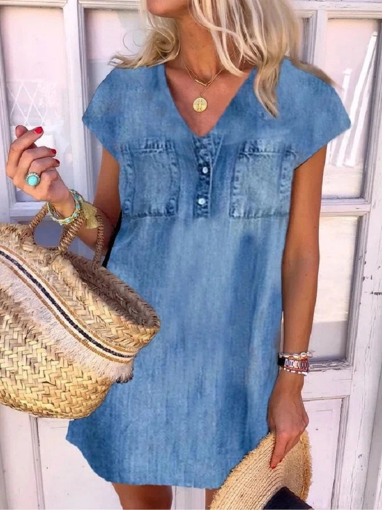 Casual Loose V Neck Vintage Short Sleeve Plain Mini Denim Blue Dress G132