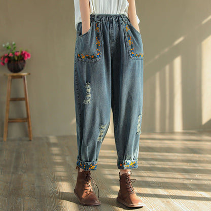 Pantalon sarouel en denim brodé déchiré vintage OP1025