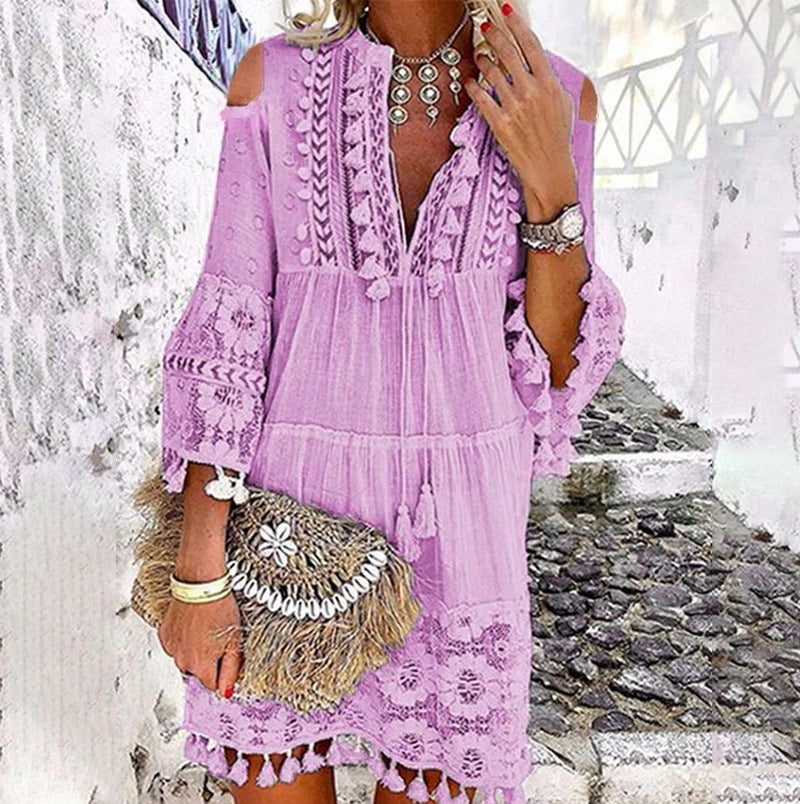 Causal 3/4 Sleeve V Neck Holiday Boho Dresses AD614