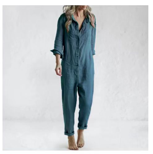 Light Gray 3/4 Sleeve Plain Casual Buttoned Jumpsuits AH231