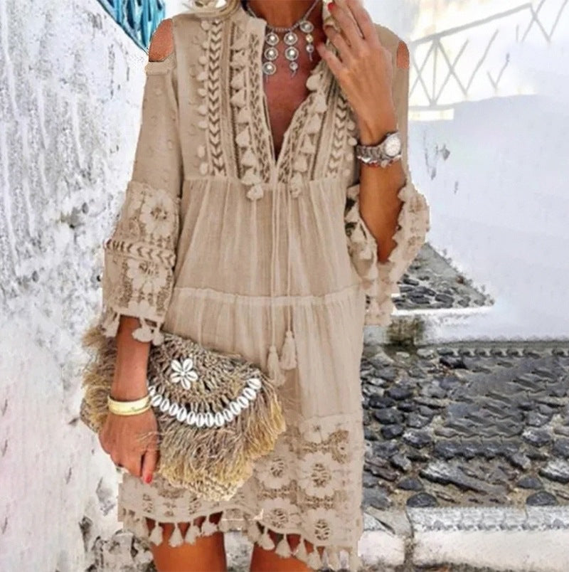 Causal 3/4 Sleeve V Neck Holiday Boho Dresses AD614