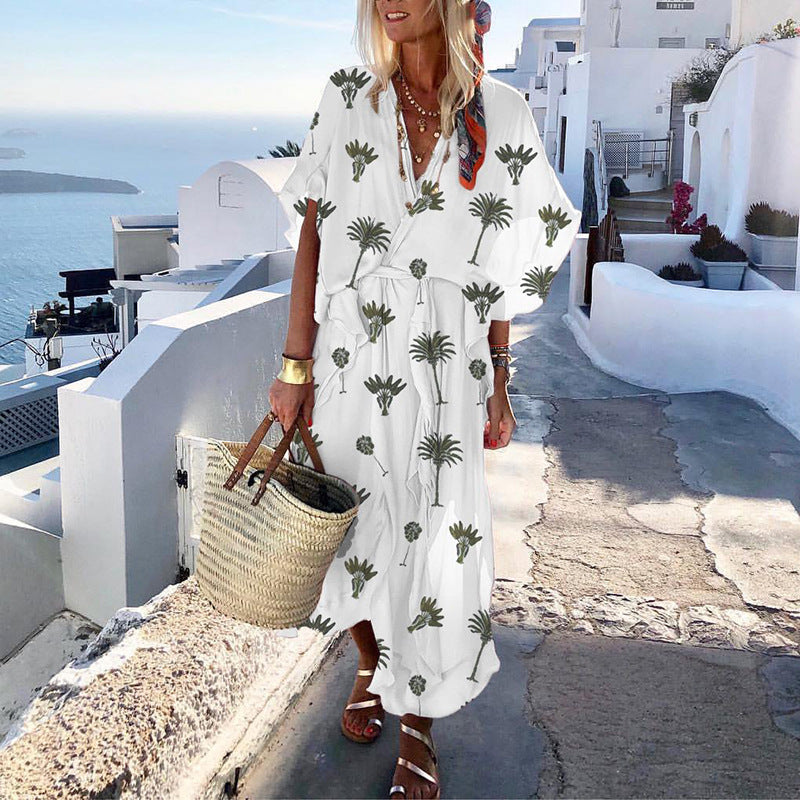 Women Casual Sundress Sexy V-neck Lantern Sleeve Floral Print Elegant Loose Bohemian Beach Dress  WJ83