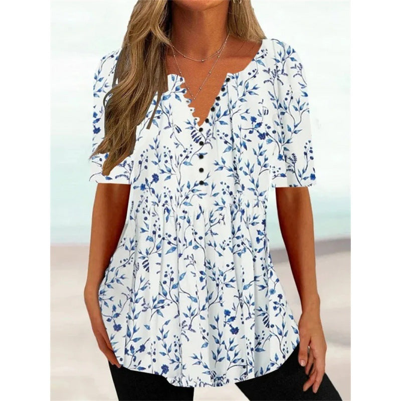 V Neck Loose Floral Casual T-Shirt AH272