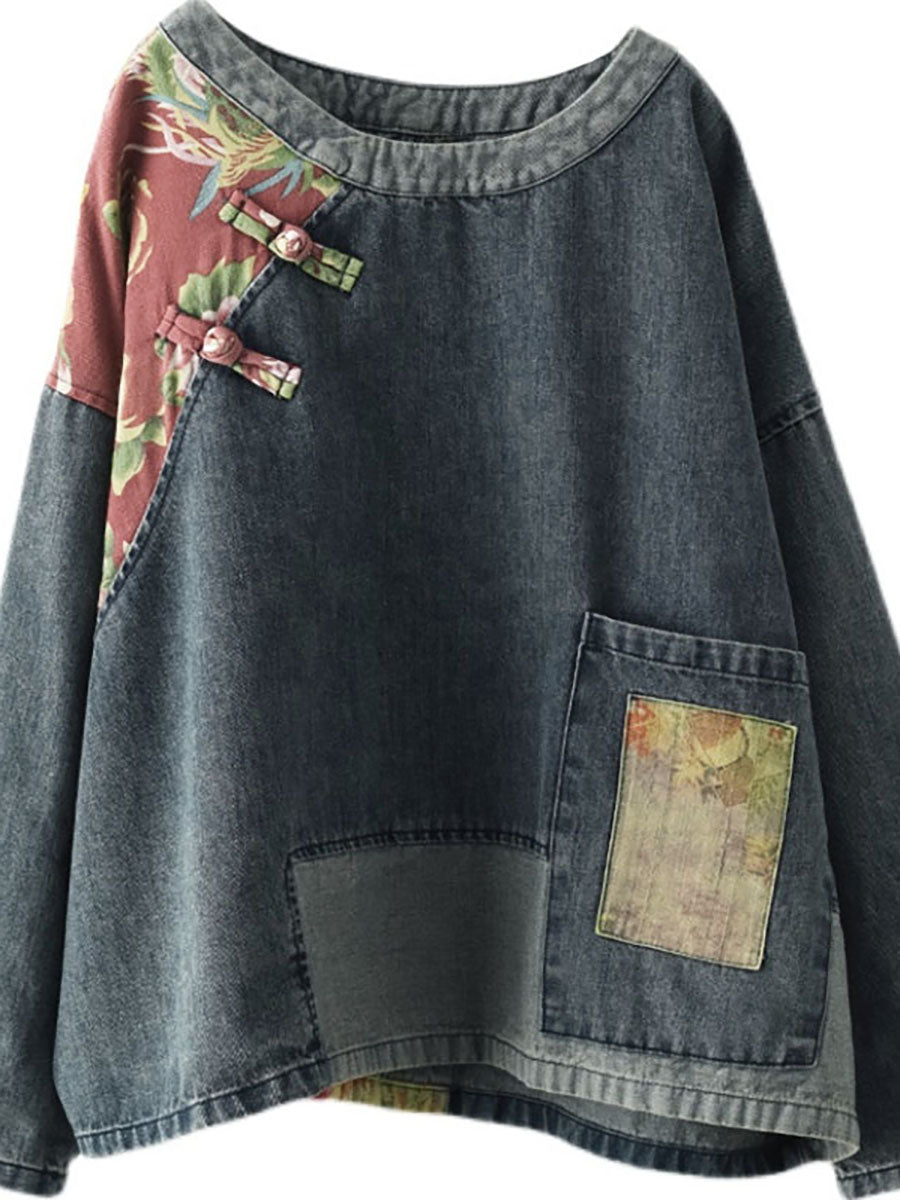 Übergröße Damen Retro-Nähte Patchwork-Druck Floral Denim Sweatshirt SC1032