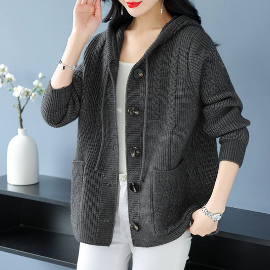 Cardigan à capuche décontracté 100 % laine pour femme, automne AH835 