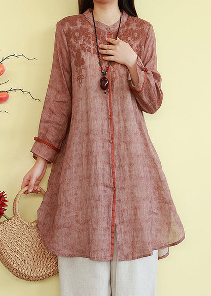 Linen O-Neck Shirts Loose Button Fall Orange