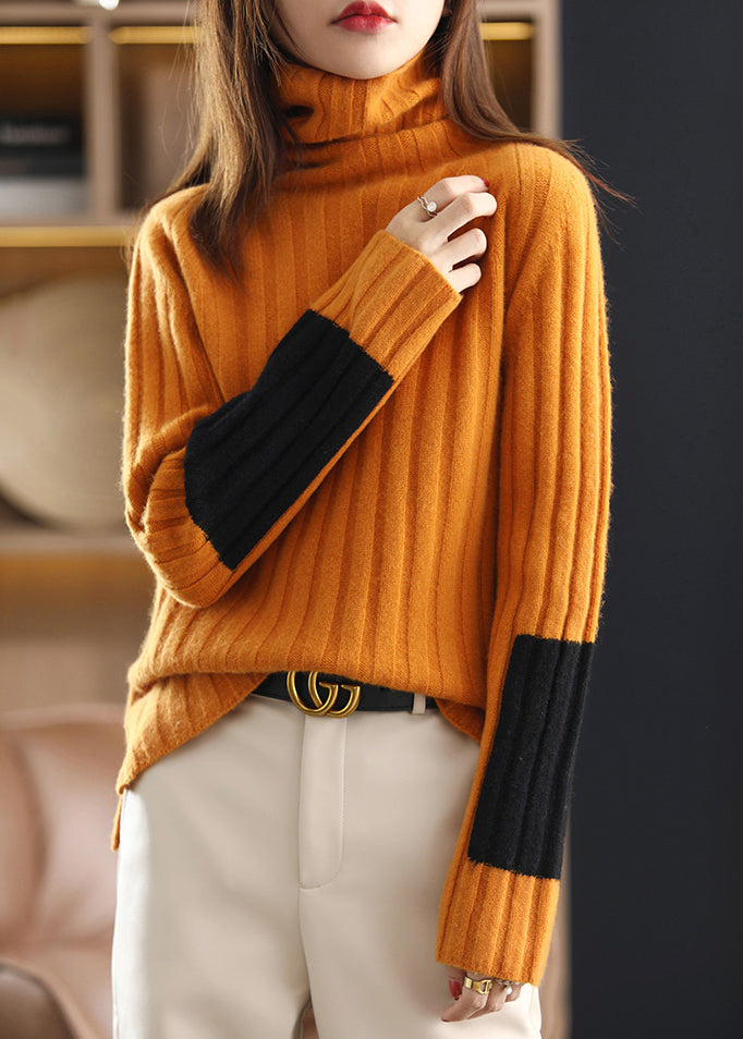 Pull col roulé en laine orange confortable patchwork printemps TF036