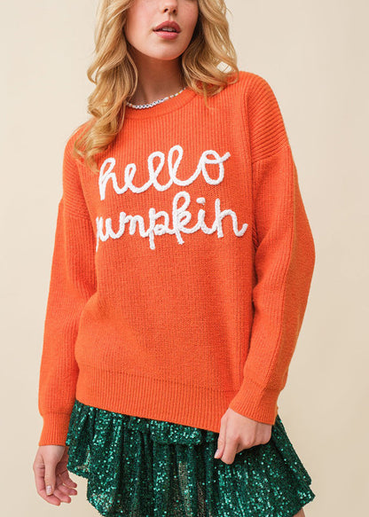 Orange Hollow Out Knit Sweaters O-Neck Long Sleeve AE1010