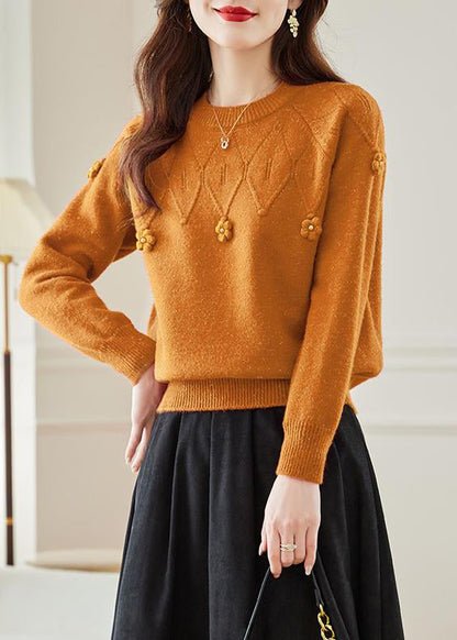 Pulls d'automne en tricot uni ajouré orange à col rond QS012