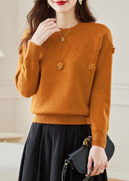 Pulls d'automne en tricot uni ajouré orange à col rond QS012