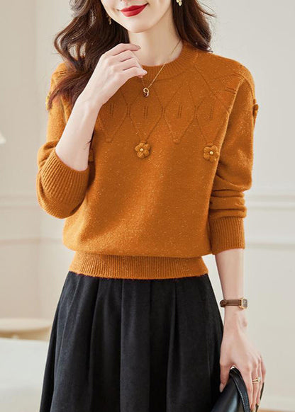 Pulls d'automne en tricot uni ajouré orange à col rond QS012