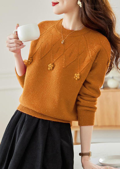 Pulls d'automne en tricot uni ajouré orange à col rond QS012