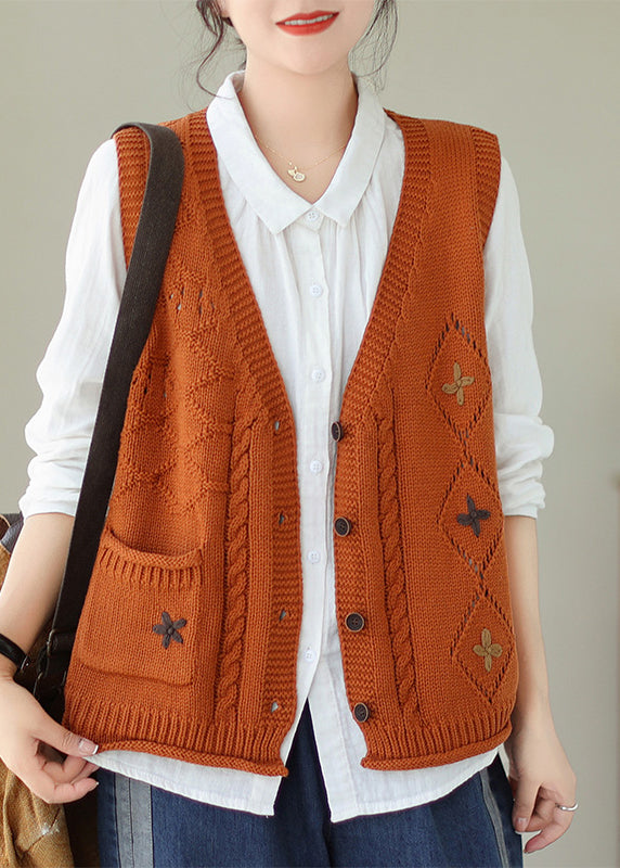 Orange Pockets Knit Vest V Neck Embroideried Fall QA035