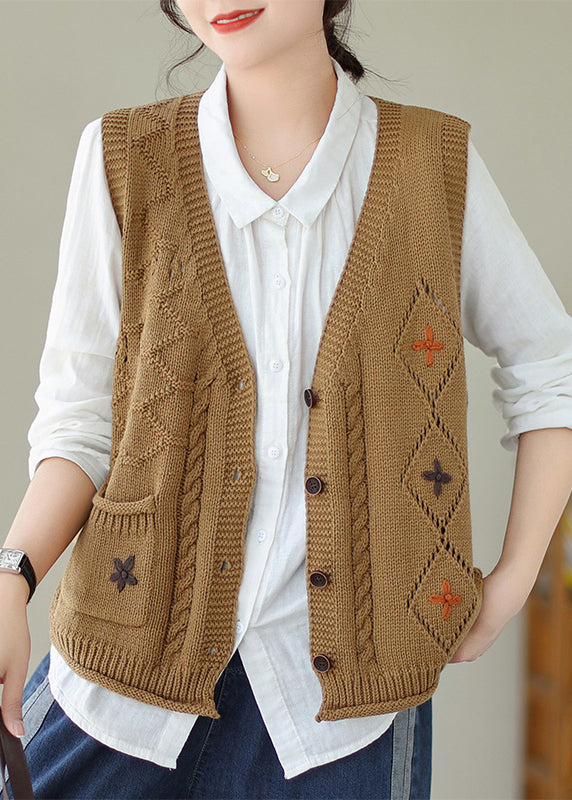 Orange Pockets Knit Vest V Neck Embroideried Fall QA035