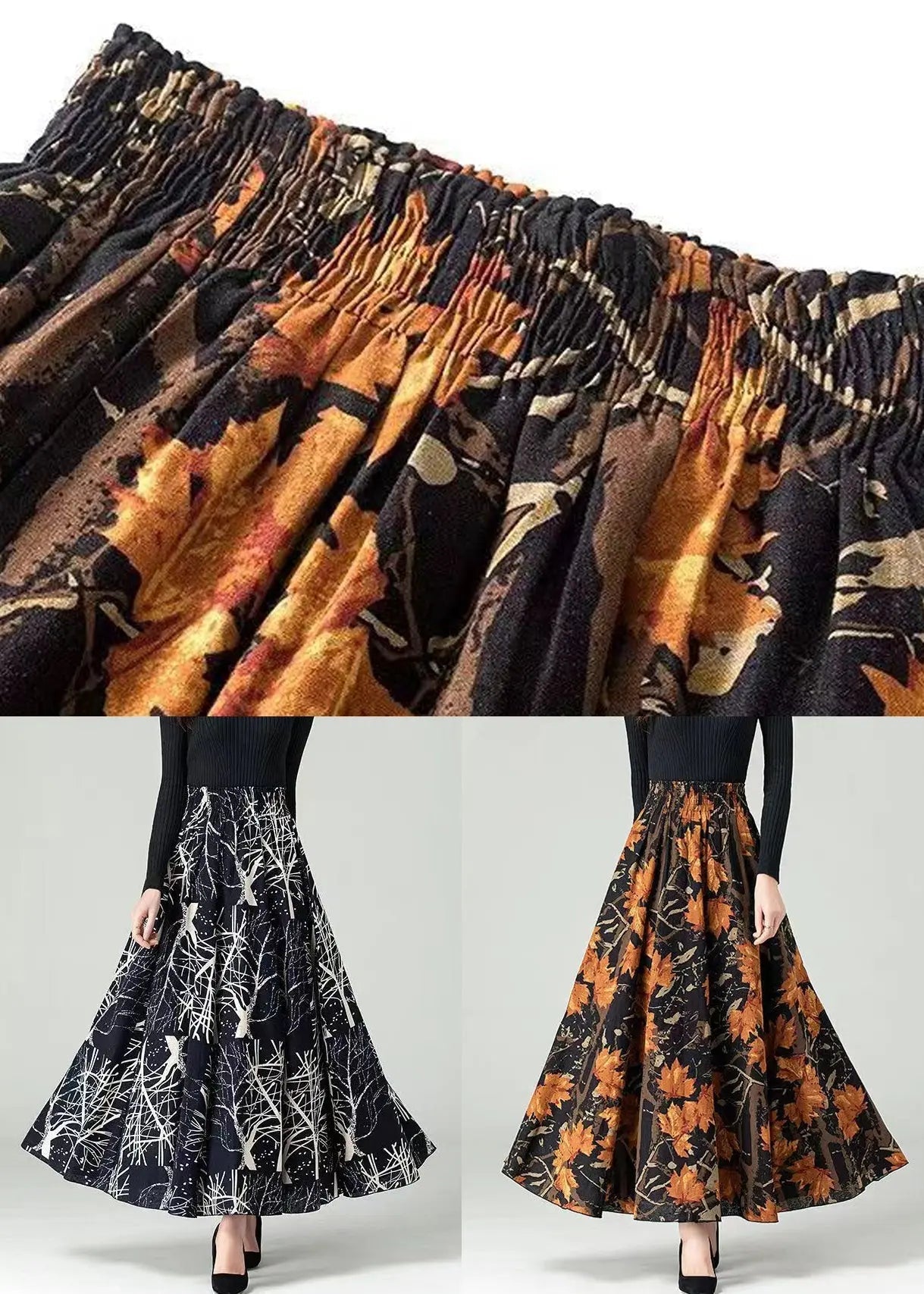 Orange Pockets Patchwork Print Cotton Skirt High Waist Ada Fashion