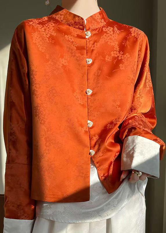 Orange Print Button Silk Shirts Stand Collar Long Sleeve AB1054