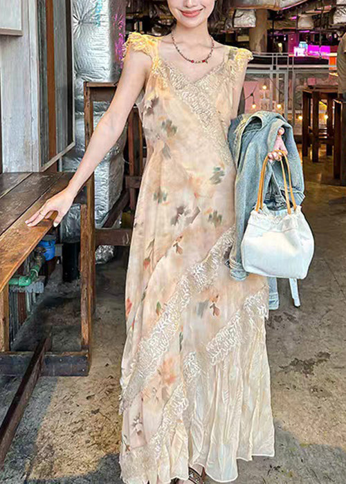 Dress Lace Orange Summer Print Neck Cotton Patchwork Long V