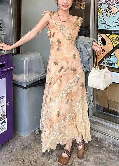Dress Lace Orange Summer Print Neck Cotton Patchwork Long V