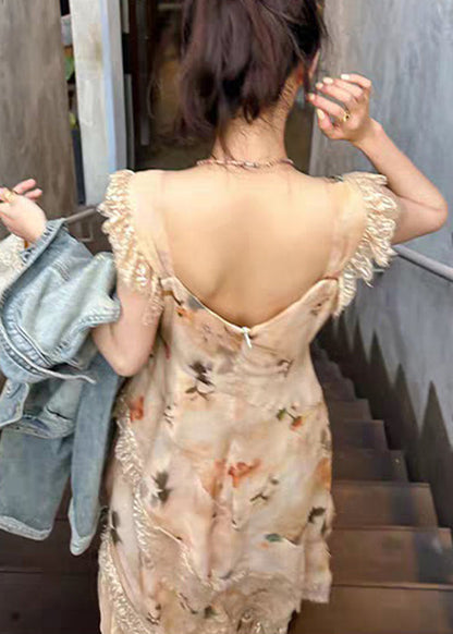 Dress Lace Orange Summer Print Neck Cotton Patchwork Long V