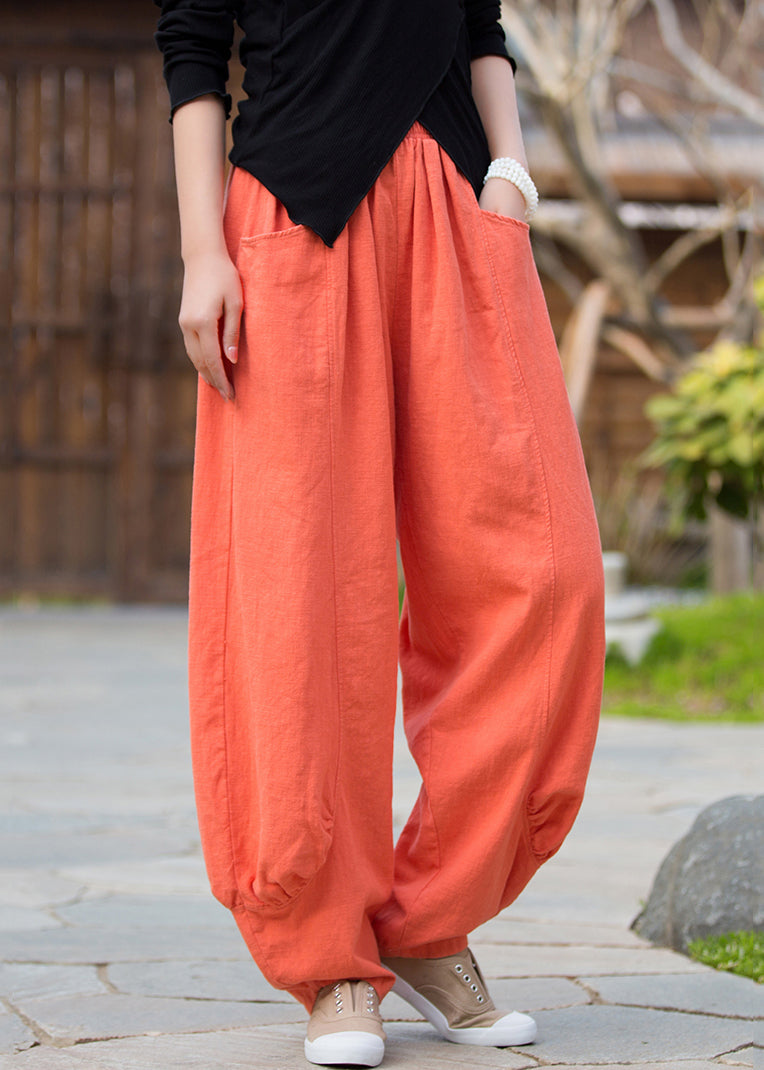 Orange Solid Pockets Linen Pants High Waist QE020