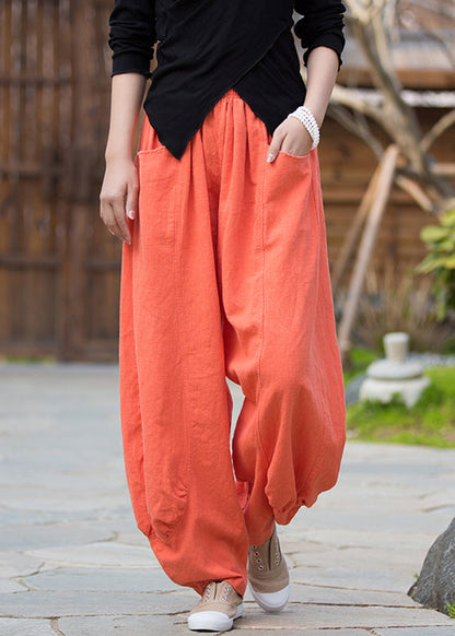 Pantalon en lin orange à poches solides taille haute QE020