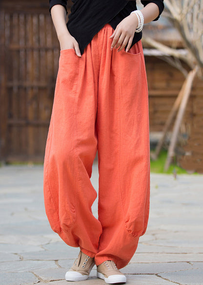 Pantalon en lin orange à poches solides taille haute QE020