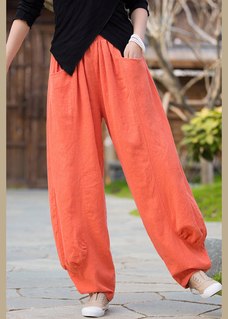 Orange Solid Pockets Linen Pants High Waist QE020