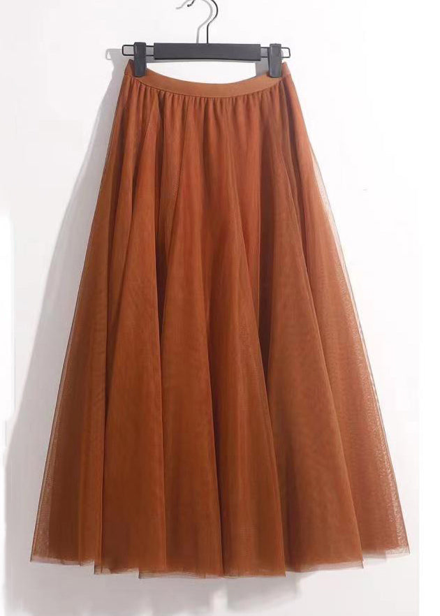 Orange Solid Wrinkled Tulle Summer Skirts High Waist Ada Fashion