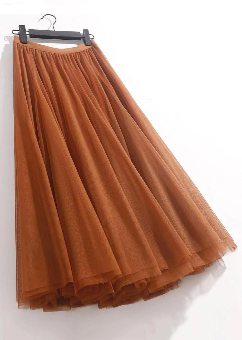 Orange Solid Wrinkled Tulle Summer Skirts High Waist Ada Fashion