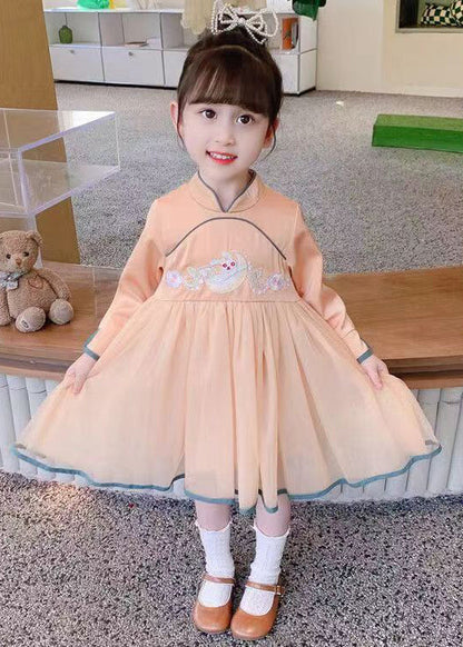 Robe en tulle orange à fermeture éclair et patchwork de coton pour fille, col montant, automne XZ019