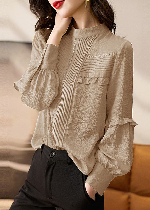 Bio-Seidenkragen Apricot Frühlingsoberteil Patchwork Stand Rüschen