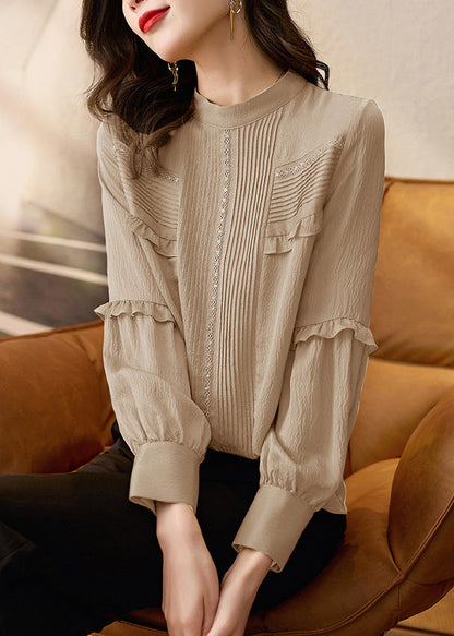 Bio-Seidenkragen Apricot Frühlingsoberteil Patchwork Stand Rüschen