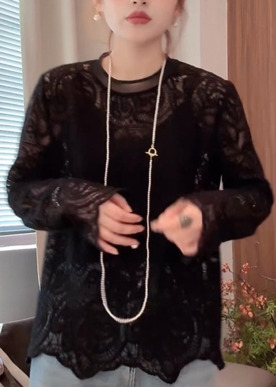 O-Ausschnitt Out Lace Hollow Beige Shirt T Frühling Bio