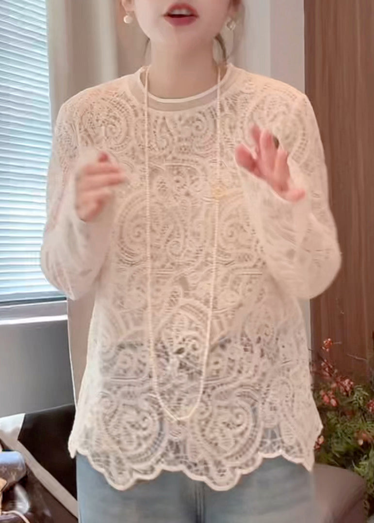 O-Ausschnitt Out Lace Hollow Beige Shirt T Frühling Bio